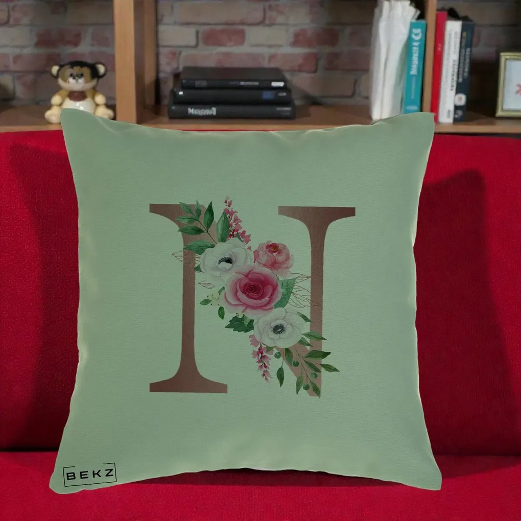 Cadou Personalizat - Perna Personalizata Monograma Rose Gold Litera N, 40x40 cm, Verde, Husa Detasabila, Perna Inclusa, BEKZ®