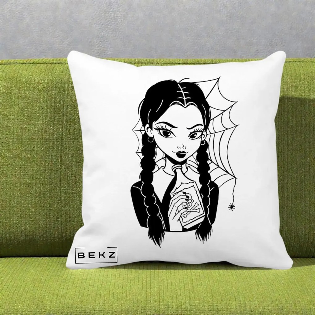 Perna Personalizata Wednesday cu Panza de Paianjen, 40x40 cm, Alba Mata, Husa Detasabila, Perna Inclusa, BEKZ®
