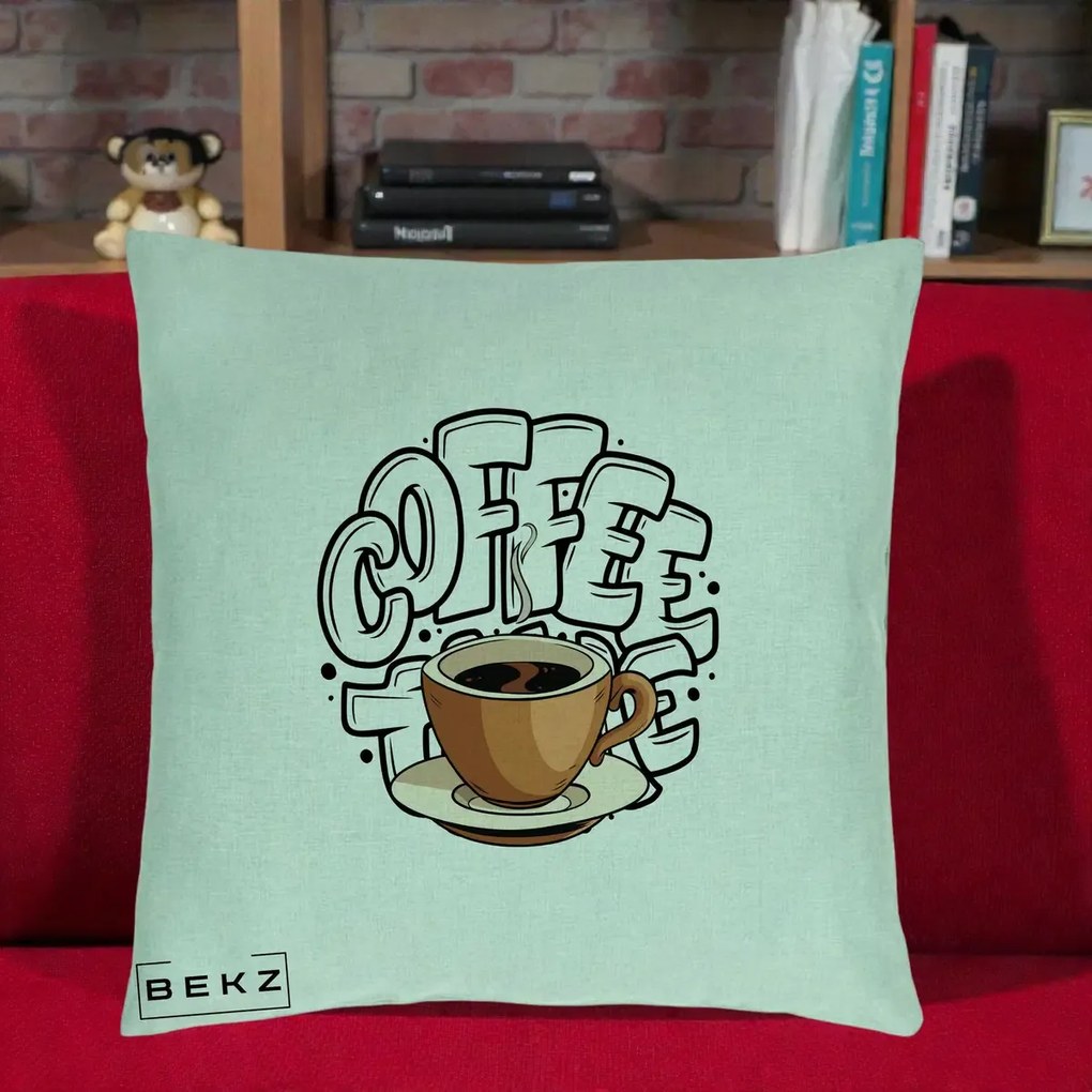 Perna Personalizata COFFEE cu Cana, 40x40 cm, Verde Menta, Husa Detasabila, Perna Inclusa, BEKZ®