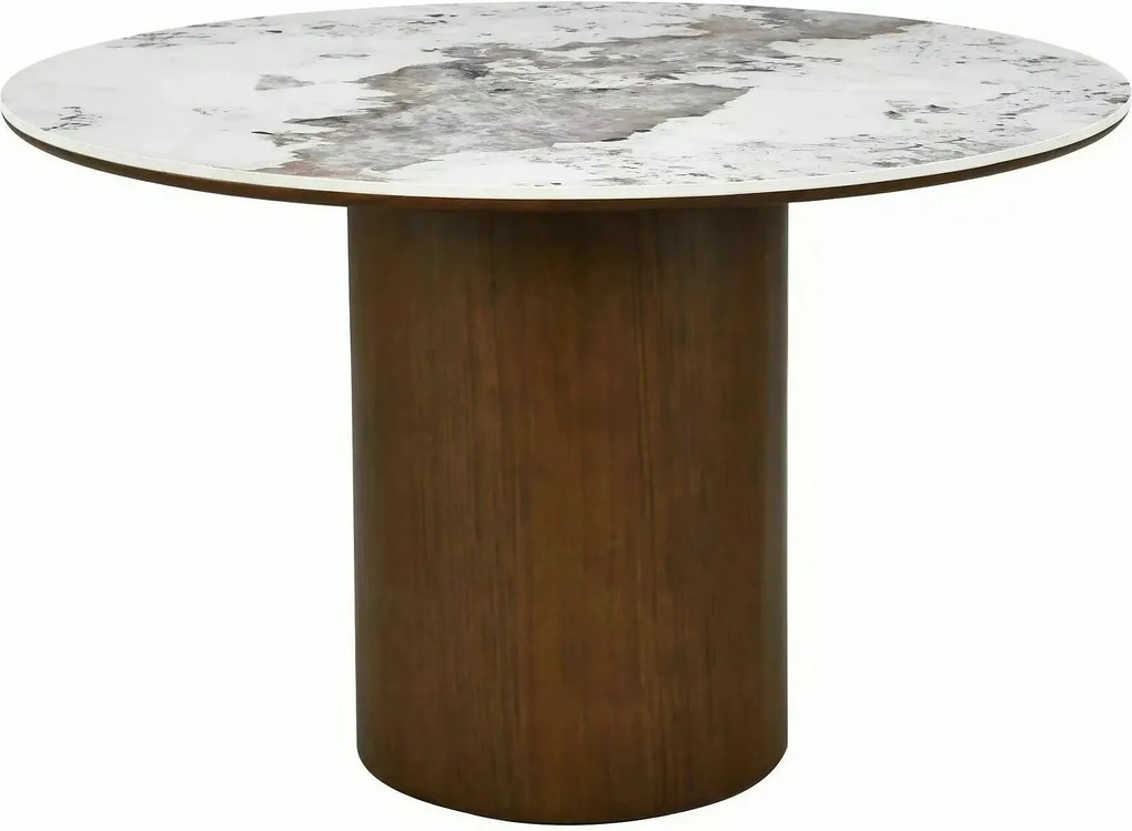 Masă RONDO, alb lucios/nuc, ceramică/furnir/MDF, Ø120x76 cm