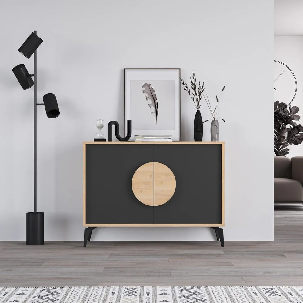 Comodă neagră/în culoare naturală joasă cu aspect de lemn de stejar 110x82 cm Vae – Marckeric