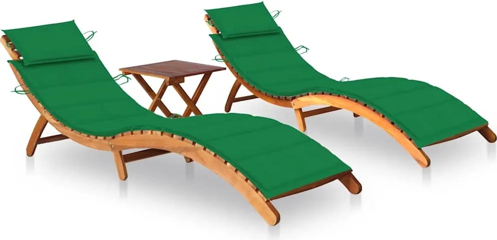 vidaXL Șezlonguri cu masă și perne, 2 buc., lemn masiv de acacia