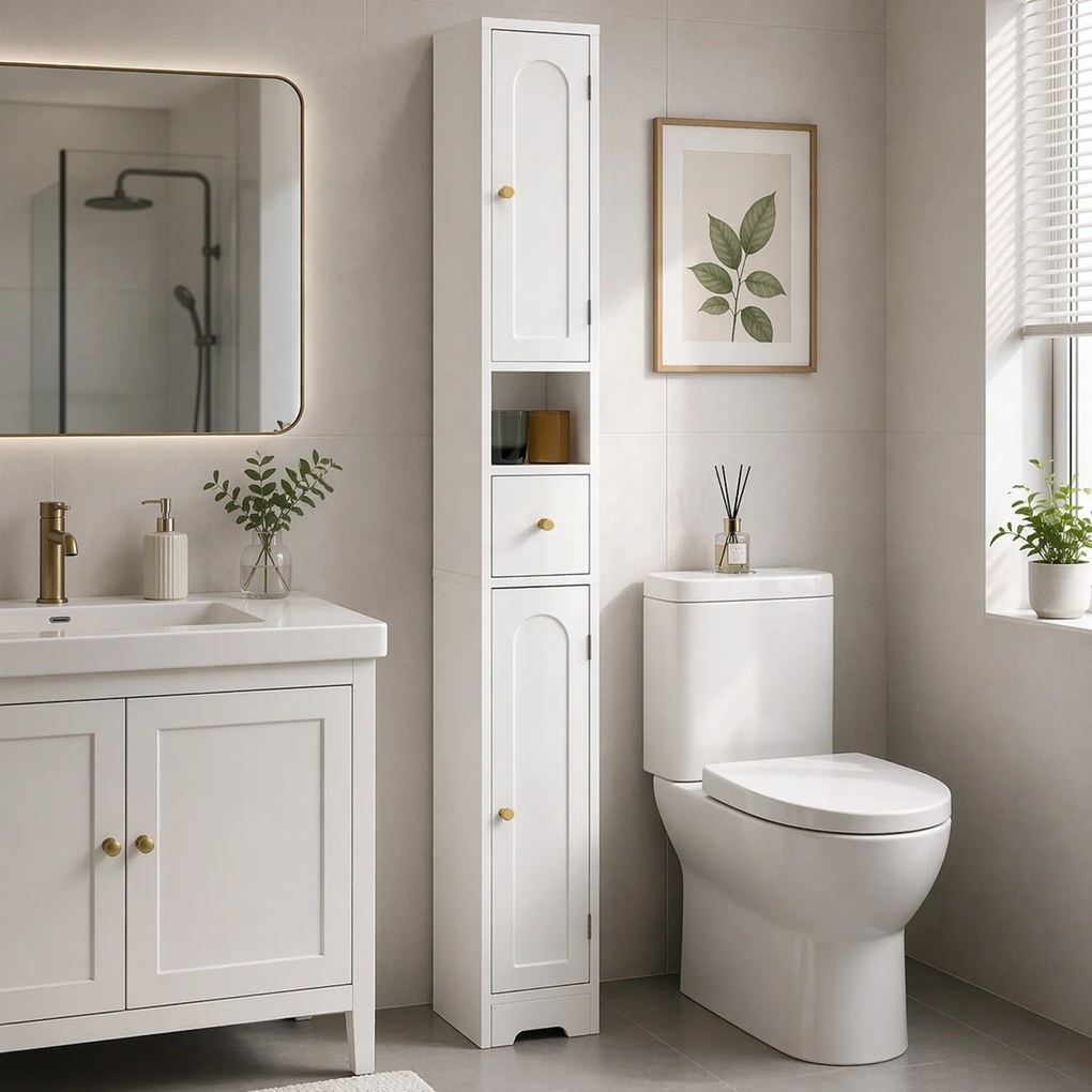 HOMCOM Dulap de baie îngust cu sertar uși arcuite compartiment deschis raft reglabil 20x20x185 cm Alb | Aosom Romania