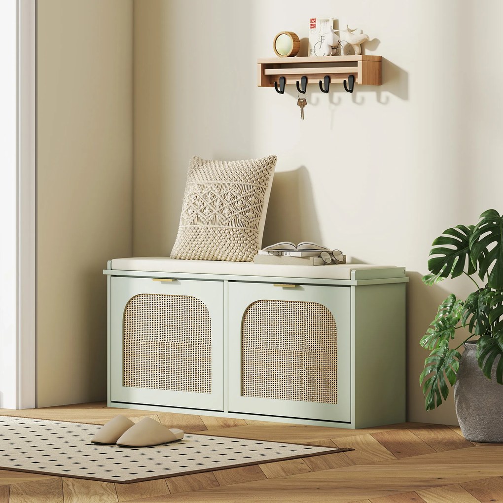 HOMCOM Bancă pentru încălțăminte, banc de depozitare, șezut căptușit, sertare rabatabile, ușă din ratan, 104 x 26 x 47,5 cm, verde | Aosom Romania