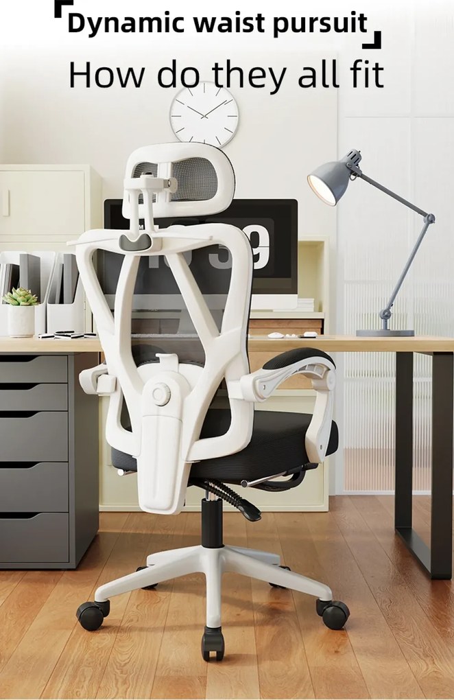 RESIGILAT- Scaun ergonomic cu suport lombar 4D, tetieră reglabilă 4D, pivotant 360°, suport pentru picioare, Mesh, Alb/Negru