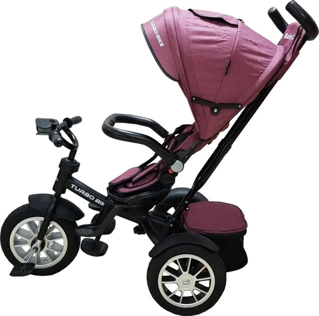 Tricicleta cu copertina Baby Care™ Turbo Bike , cu far luminos, roti din cauciuc, pozitie somn, pedale si maner pentru parinti, scaun reversibil cu