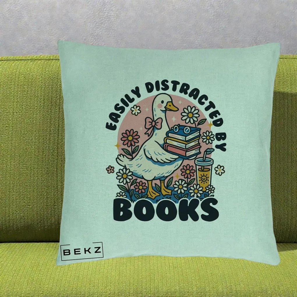 Perna Personalizata Easily Distracted by Books, 40x40 cm, Verde Menta, Husa Detasabila, Perna Inclusa, BEKZ®