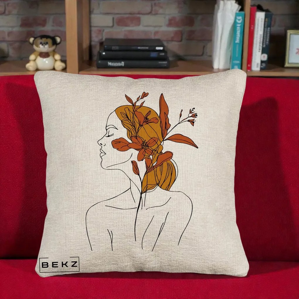Perna Decorativa Portret Feminin Crin Ruginiu Auriu, 40x40 cm, Bej Canapea, Husa Detasabila, Perna Inclusa, BEKZ®