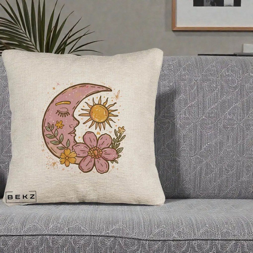 Perna Personalizata Luna si Soare Floral Boho, 40x40 cm, Bej Canapea, Husa Detasabila, Perna Inclusa, BEKZ®