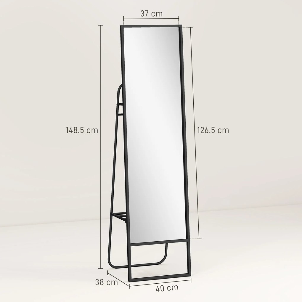 HOMCOM Oglindă pe Picior 148,5 x 40 cm dreptunghiulară cu raft din spate, 2 cârlige și cadru metalic, neagră | Aosom Romania