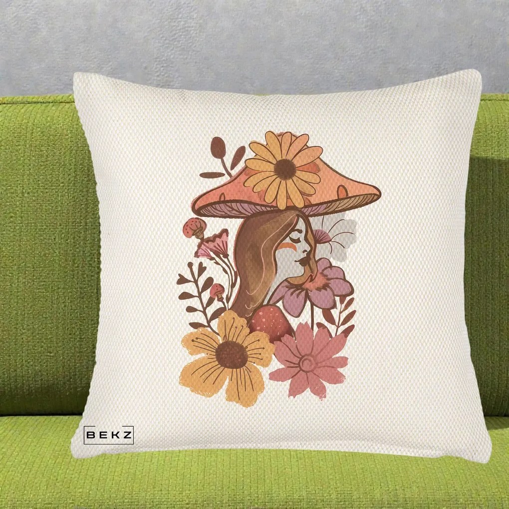 Perna Decorativa Fata Ciuperca Florala Boho, 40x40 cm, Crem Reliefat, Husa Detasabila, Perna Inclusa, BEKZ®