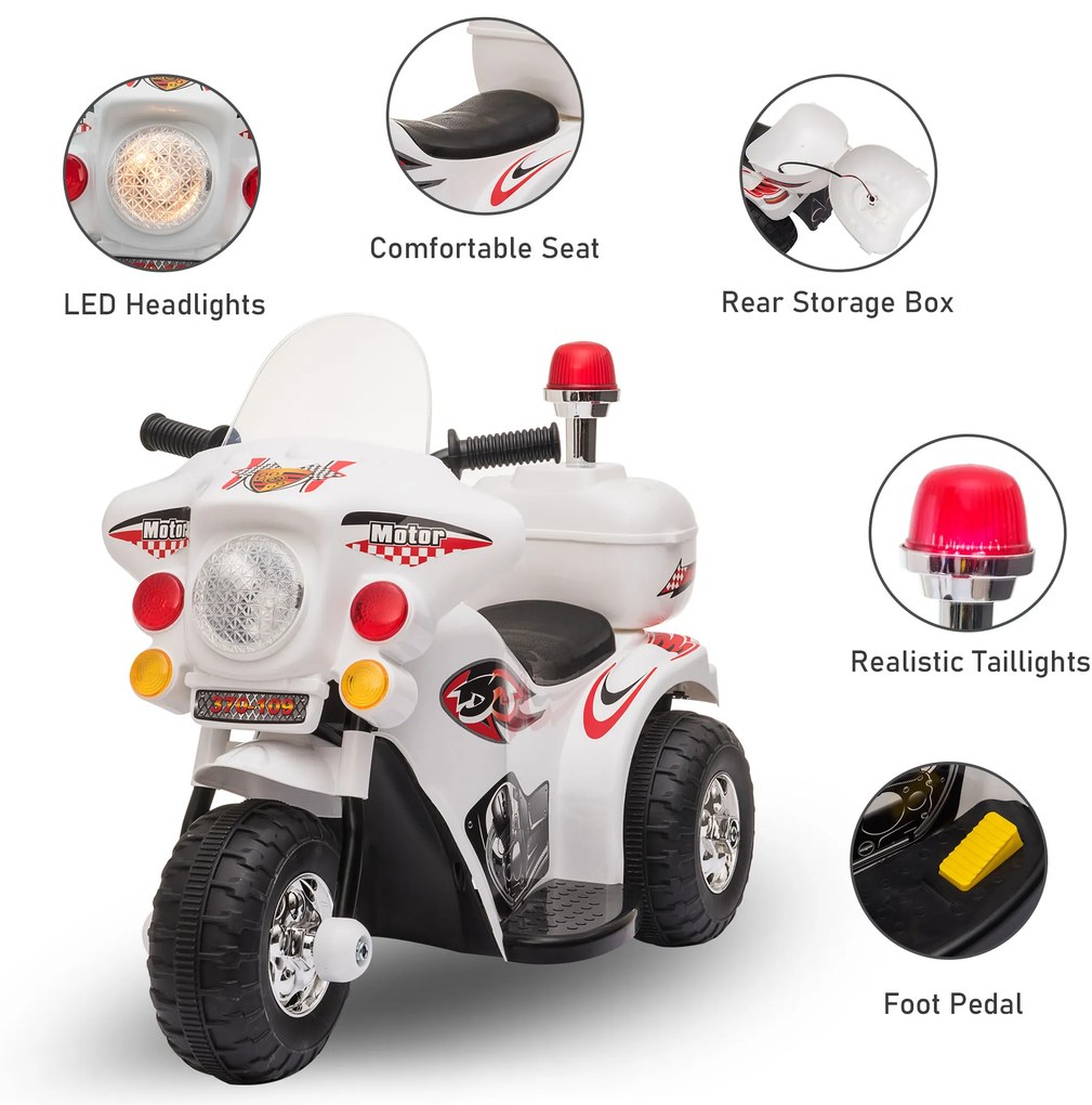 Motocicleta Electrica pentru copii HOMCOM 18-36 luni, baterie de 6V, PP Otel, Alba | AOSOM RO