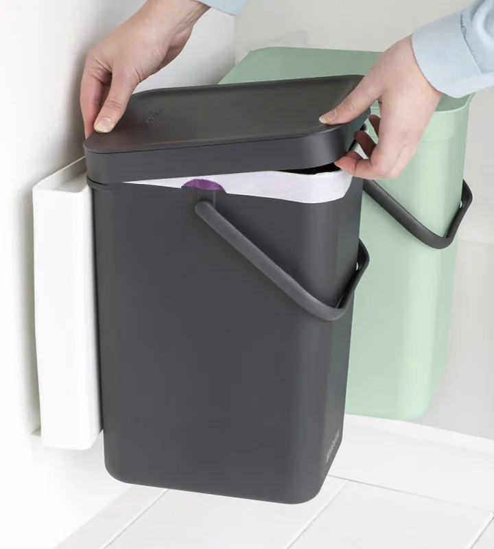 Set 2 cosuri de gunoi colectare selectiva Brabantia Sort&Go 1005513, 2x12 L, Montare pe usa dulapului, Gri/Verde