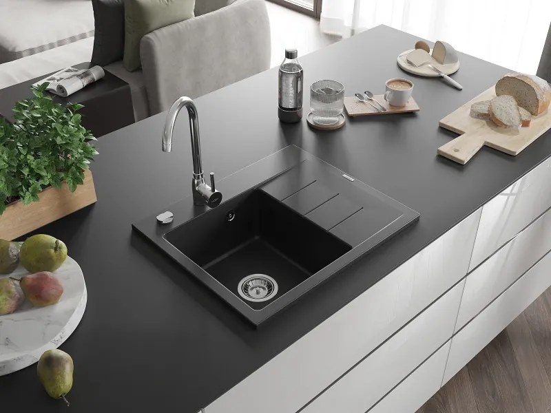 Mexen Ben chiuvetă de granit cu 1 compartiment și scurgător, stânga 600 x 500 mm, negru, sifon cromat - 6522605000-77