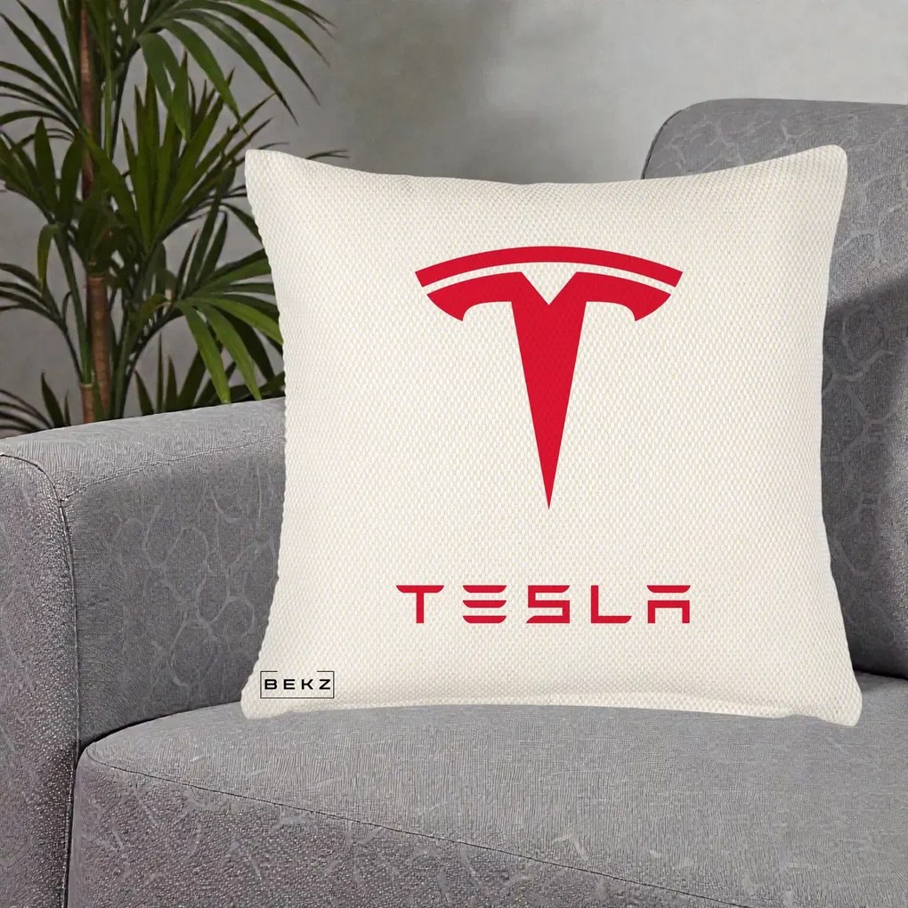 Perna Personalizata cu emblema Tesla, 40x40 cm, Crem Reliefat, Husa Detasabila, Perna Inclusa, BEKZ®