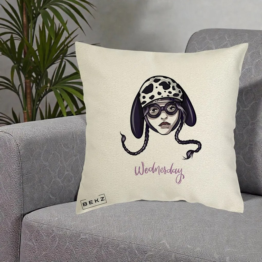 Perna Personalizata Wednesday Addams cu Caine Dalmatian, 40x40 cm, Ecru, Husa Detasabila, Perna Inclusa, BEKZ®