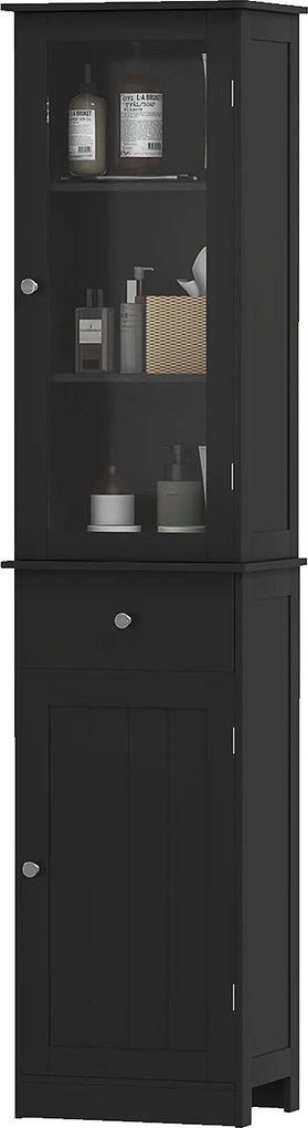 kleankin Coloană Baie economisitoare de spațiu cu dulăpior, sertar și rafturi din MDF, 40x27x171.5cm, Negru | Aosom Romania
