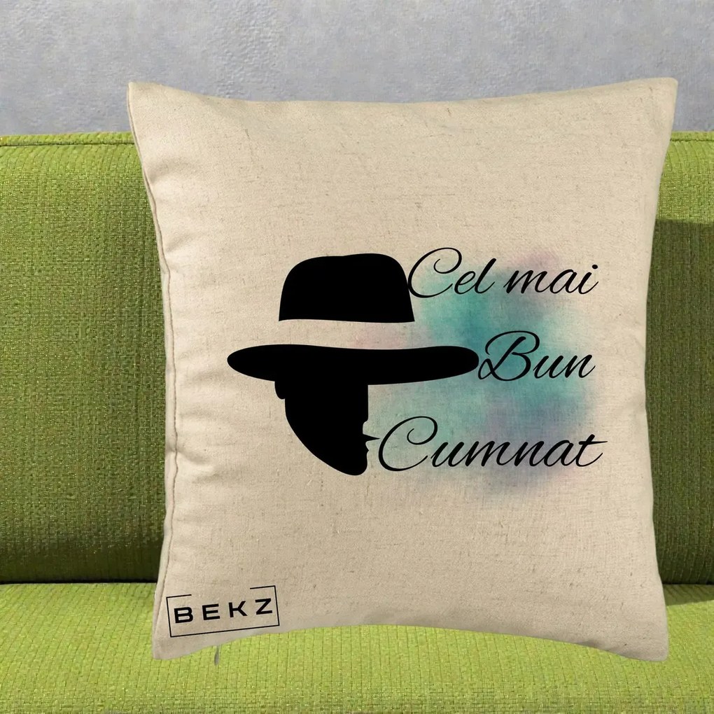 Cadou pentru Cumnat - Perna Personalizata Cel mai Bun Cumnat cu Silueta Palarie si Pete Teal-Roz, 40x40 cm, Bej, Husa Detasabila, Perna Inclusa, BEKZ®