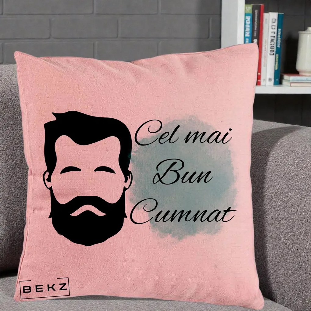 Cadou pentru Cumnat - Perna Personalizata Cel mai Bun Cumnat cu Portret Barbat si Pete Teal, 40x40 cm, Roz, Husa Detasabila, Perna Inclusa, BEKZ®