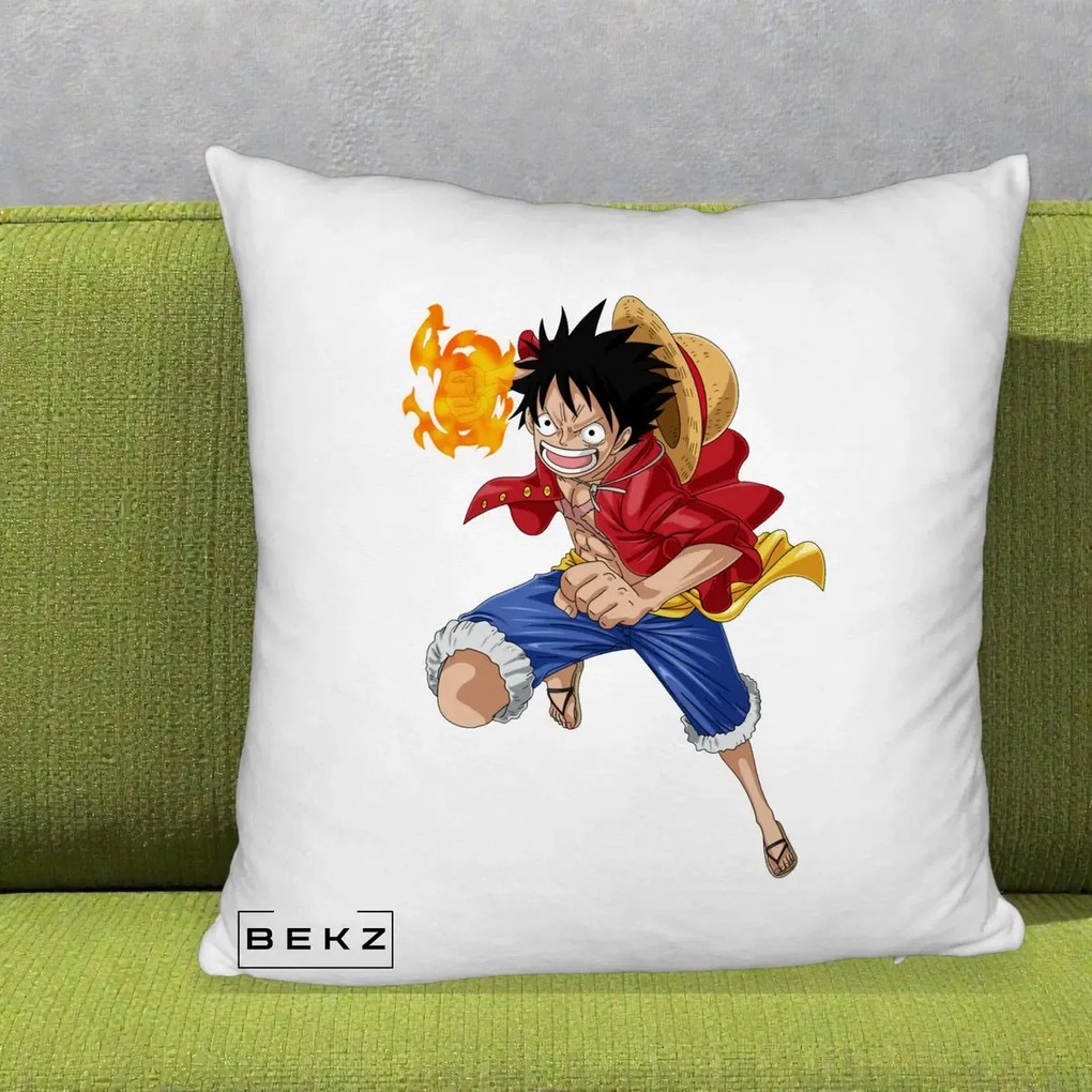 Perna Personalizata One Piece Luffy Gear Second Foc, 40x40 cm, Alb Pufos, Husa Detasabila, Perna Inclusa, BEKZ®