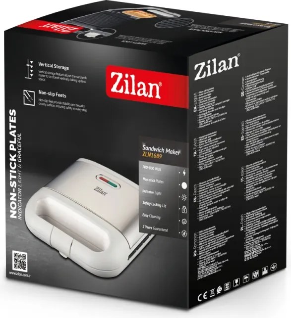Aparat pentru facut sandwich Zilan ZLN1689, Termostat automat, Indicator luminos, Protectie supraincalzire, Picioruse antiderapante, 800W