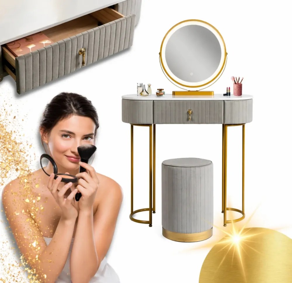 Set SARAH – Masă de Toaletă pentru Machiaj, Oglindă Iluminată LED, Control Touch, Sertar, Taburet, 80x40x76 cm, Gri/Auriu