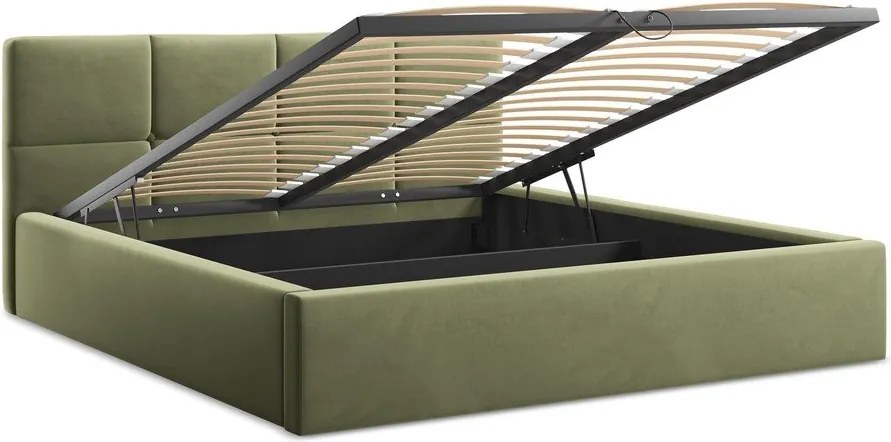 Pat matrimonial verde tapițat din catifea cu spațiu de depozitare cu somieră 140x200 cm Hiko – Makamii