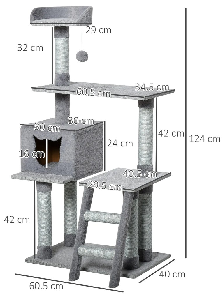 Ansamblu pentru pisici cu suprafata de zgariat, Casuta Scara Platforme, Stalpi din Sfoara din iuta, Gri, 60.5x40x124cm PawHut | Aosom RO