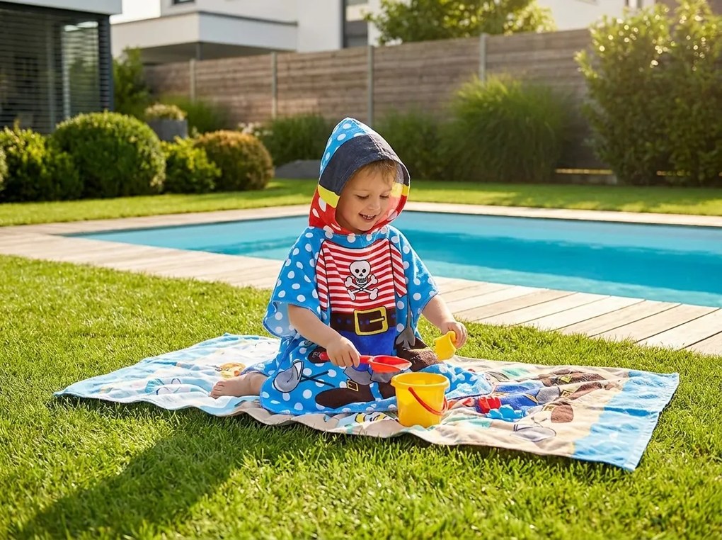 Poncho pentru copii PIRAT SI COMOARA albastru Dimensiune: 60 x 120 cm