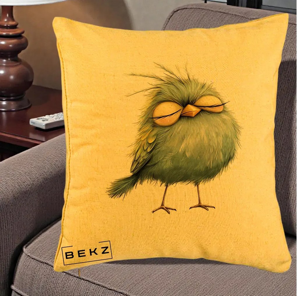 Perna Decorativa Pasare Teal Adormita cu Ochi Galbeni, 40x40 cm, Galben, Husa Detasabila, Perna Inclusa, BEKZ®