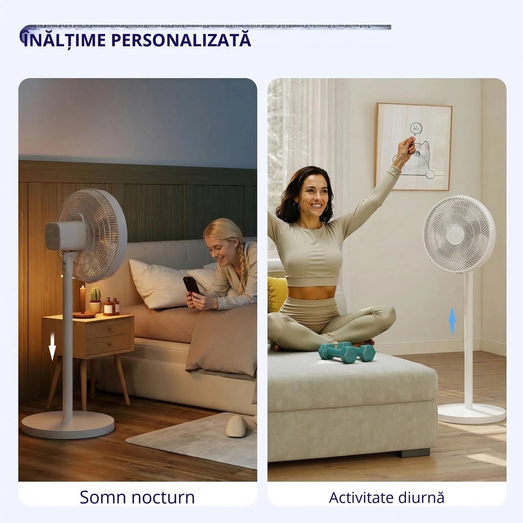 HOMCOM Ventilator de Podea cu Telecomandă, Reglabil pe Înălțime, 4 Viteze, Oscilație 80°, Timer 10 Ore, Alb, Ø40x90.5-118.5Î cm | Aosom Romania