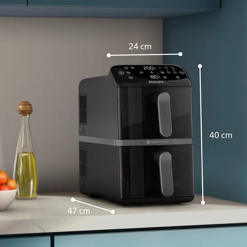 Friteuza verticala dubla cu aer cald Philips Dual Stack 4000 NA460/00, 2750 W, 10 l, 13 programe, 40-220°C, Sincronizare, Acoperire ceramică fara PFAS, Fereastra, Negru