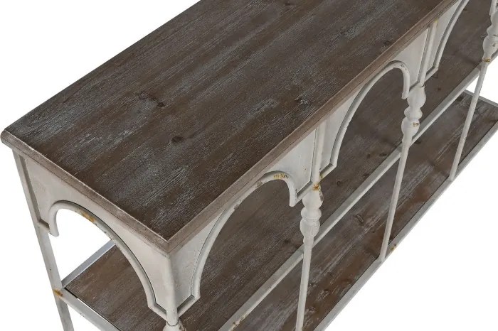 Consolă hol vintage din metal, crem, cu blat din lemn, 2 rafturi și arcade pe baluștri, 91 x [lățime] x 36,5 cm, „Arches”