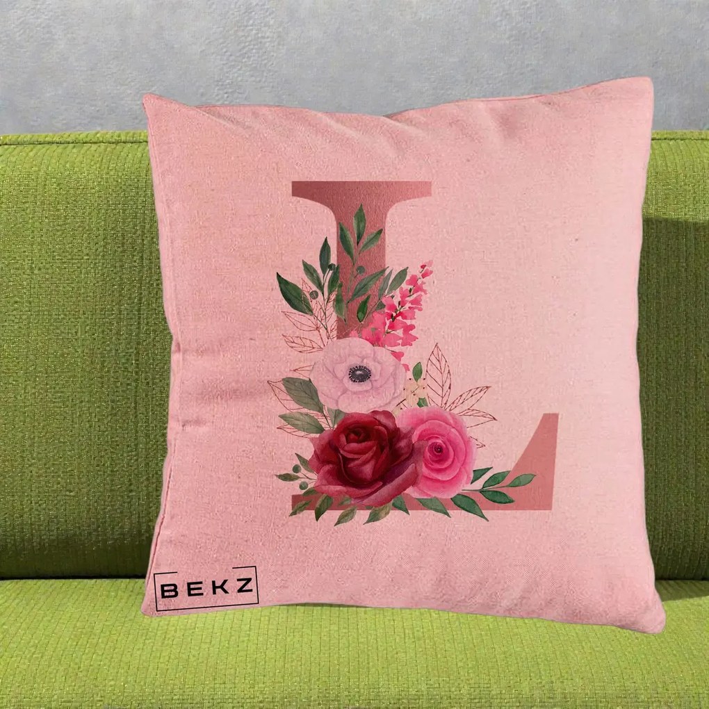 Cadou Personalizat - Perna Personalizata Monograma Rose Gold Litera L, 40x40 cm, Roz, Husa Detasabila, Perna Inclusa, BEKZ®