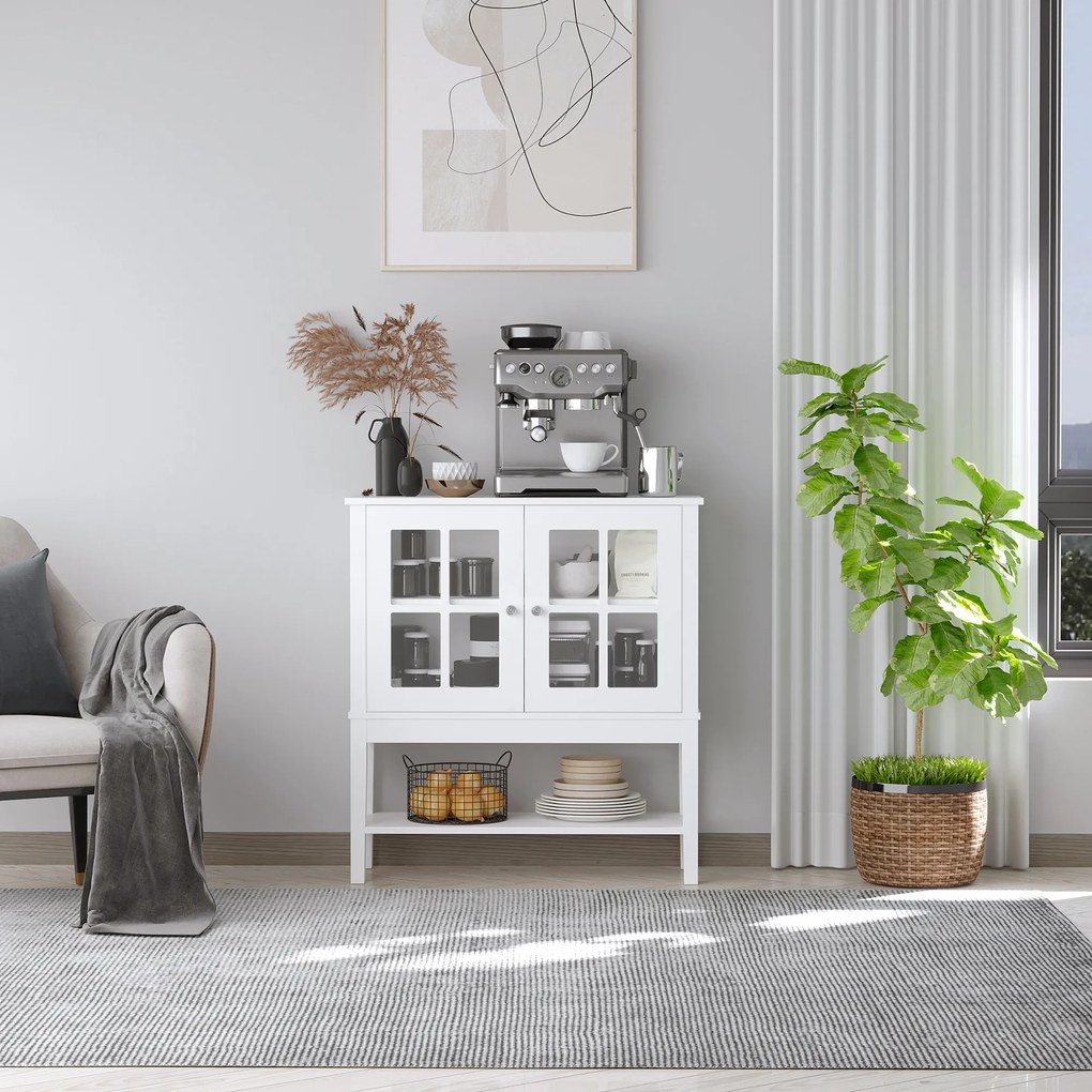 HOMCOM Servantă de Bucătărie Modernă cu 2 Uși din Sticlă Securizată, Raft Reglabil, 80 x 28 x 84 cm, Alb | Aosom Romania