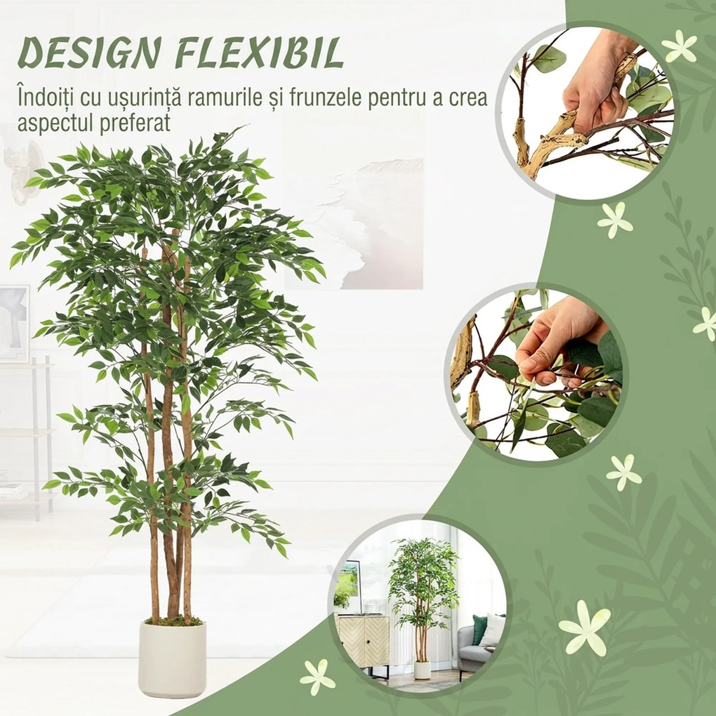 HOMCOM Plantă artificială Ficus Banyan din PEVA și lemn, cu ramuri flexibile și ghiveci din PP și ciment | Aosom Romania