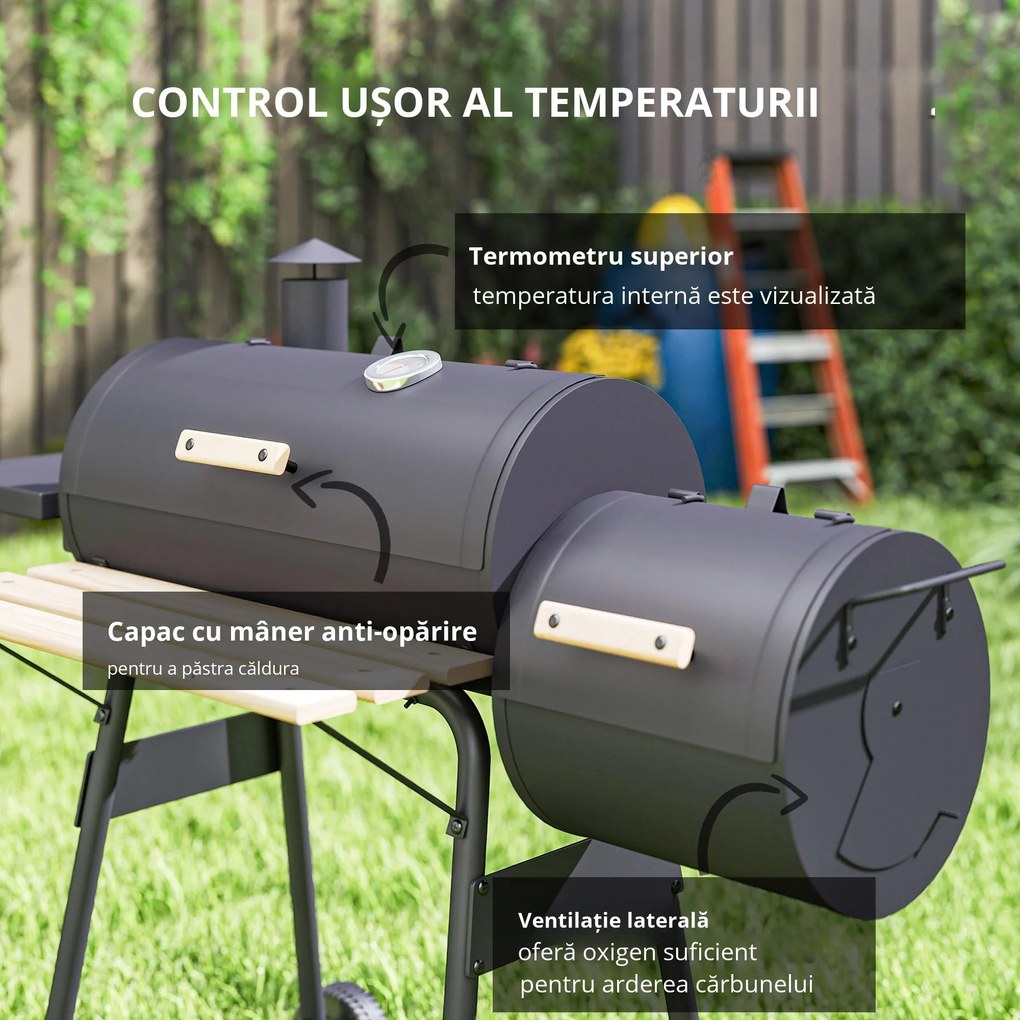 Outsunny Gratar de gradina cu capac si afumator, gratar pe carbune cu rafturi si roti 124x53x104cm, negru | AOSOM RO