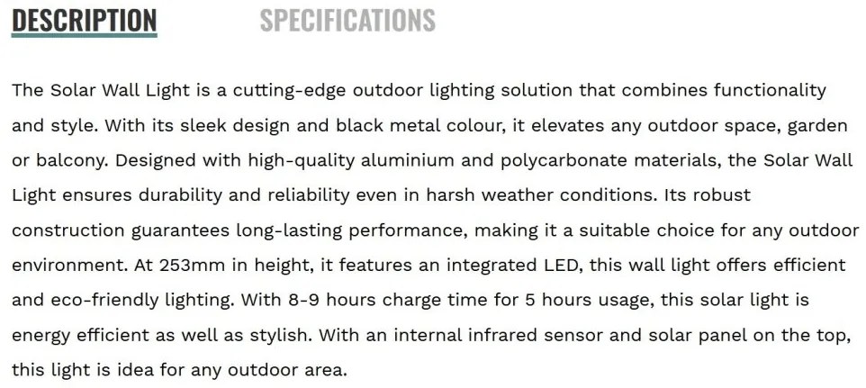 Aplica LED solara de exterior cu senzor de miscare IP54 Solar