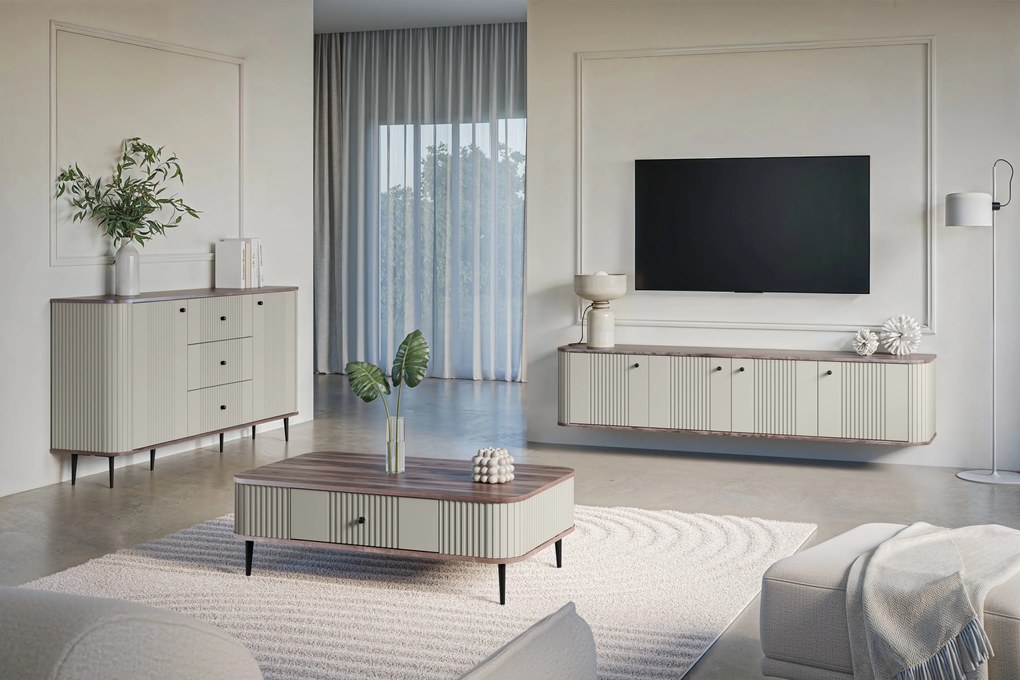 Dulap TV suspendată Vesper 4D 187 cm - cașmir / nuc / mânere negre