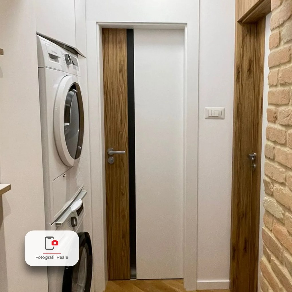 Usa de interior PORTA DUO din pal tubular si insertii de furnir natural - Model 4.A 95-140 mm, Alb / Stejar