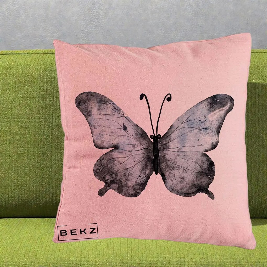 Perna Decorativa Fluture Acuarela Albastru-Gri, 40x40 cm, Roz, Husa Detasabila, Perna Inclusa, BEKZ®