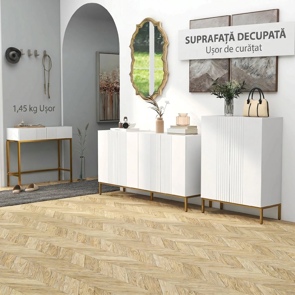 HOMCOM Bufet Modern pentru Living cu 4 Uși și Rafturi Reglabile, Închidere Moale, 140x40x75 cm, Alb | Aosom Romania