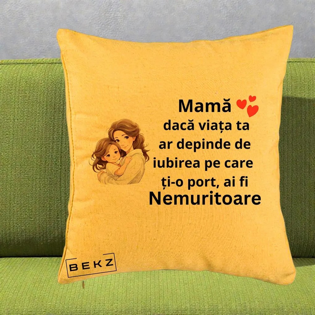 Cadou pentru Mama - Perna Personalizata Mama Nemuritoare cu Balon Inima, 40x40 cm, Galben, Husa Detasabila, Perna Inclusa, BEKZ®