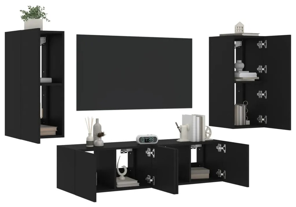 3216840 vidaXL Unități de perete TV cu LED-uri, 4 piese, negru, lemn prelucrat