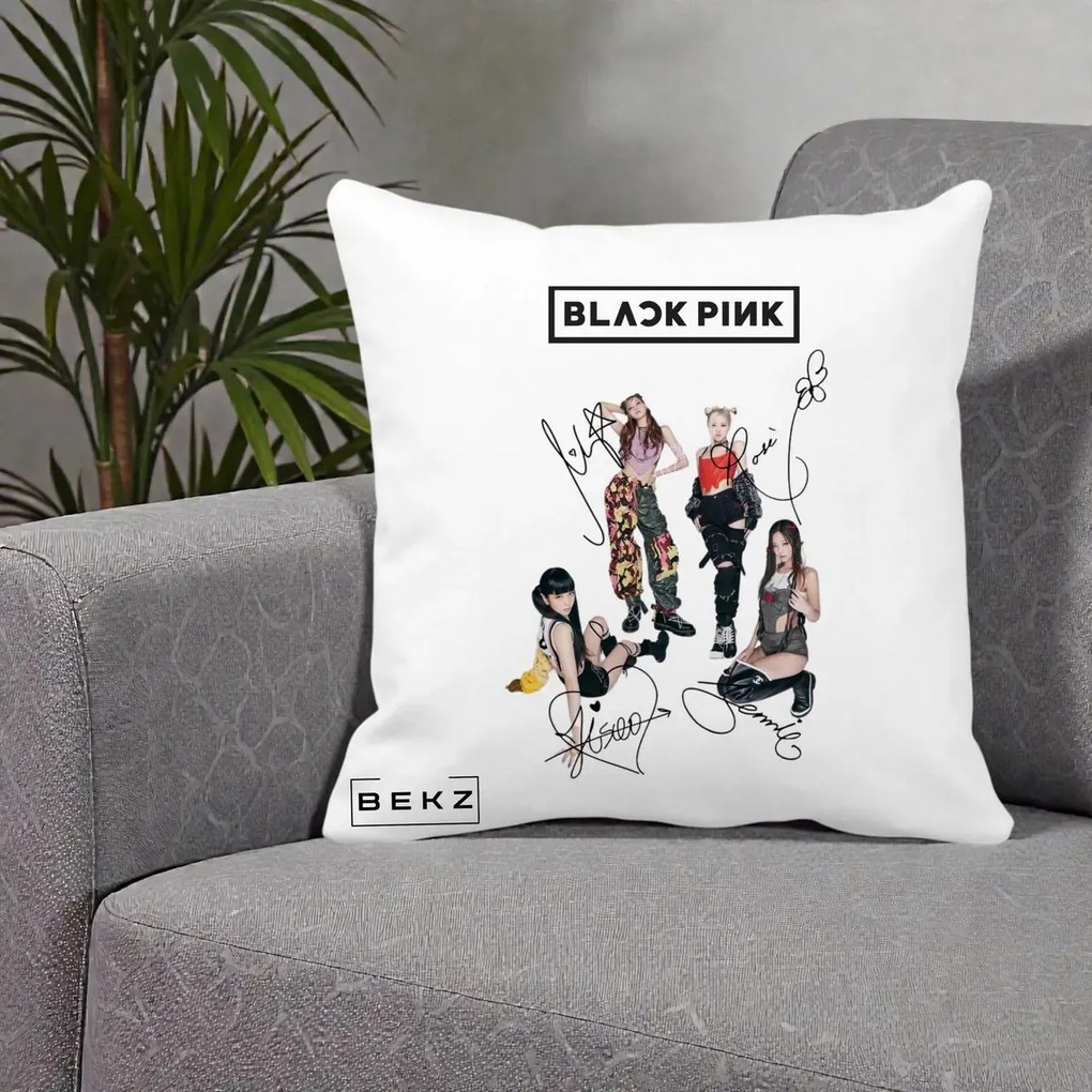 Perna Personalizata K-pop BLACKPINK Fotografie Grup Autografe Toate Membre, 40x40 cm, Alba Mata, Husa Detasabila, Perna Inclusa, BEKZ®