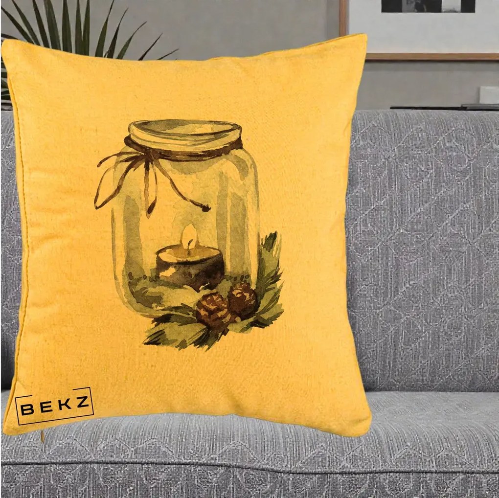 Perna Decorativa Felinar cu Lumanare si Conuri, 40x40 cm, Galben, Husa Detasabila, Perna Inclusa, BEKZ®
