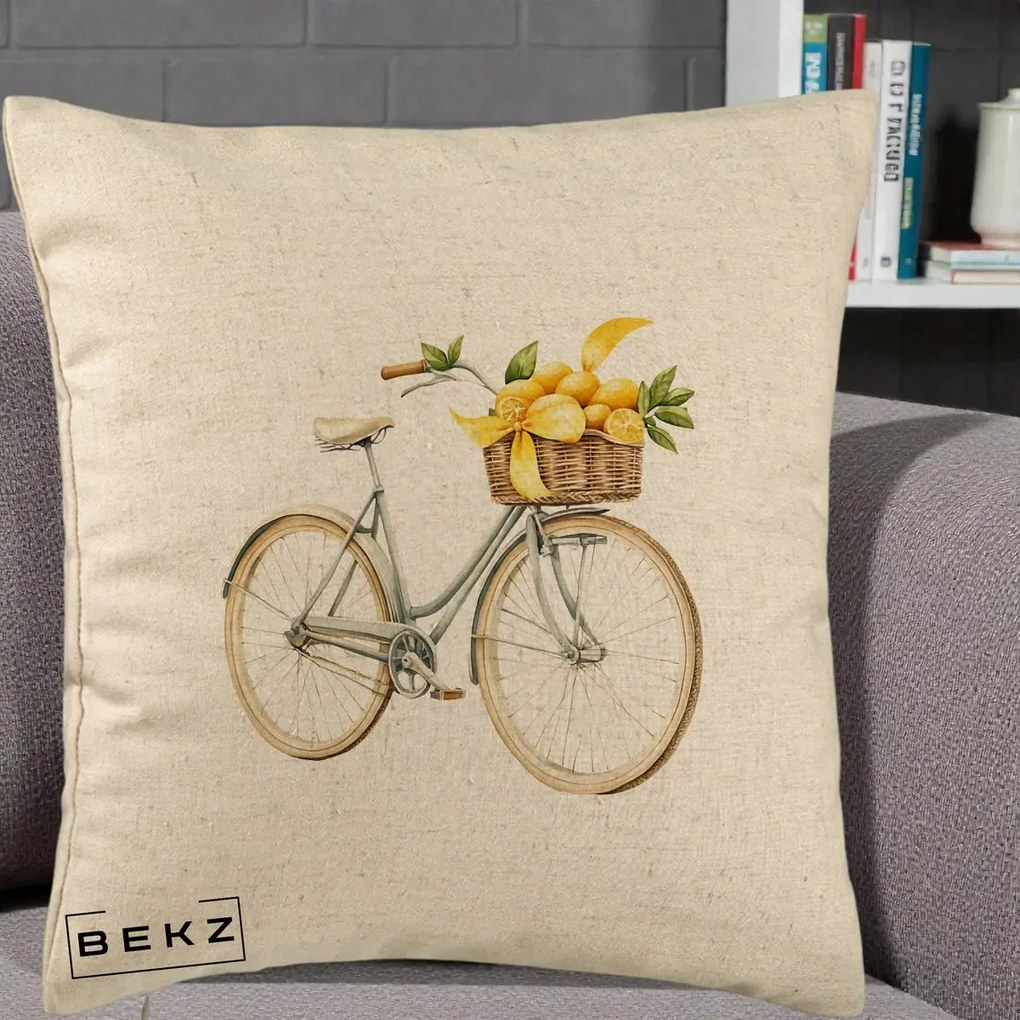 Perna Decorativa Bicicleta cu Cos de Lamai Mediteranean, 40x40 cm, Bej, Husa Detasabila, Perna Inclusa, BEKZ®