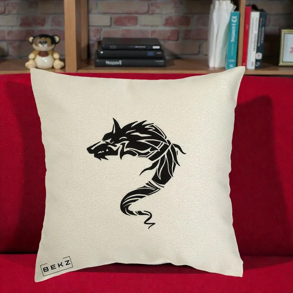 Perna Decorativa Lup Tribal Alb-Negru, 40x40 cm, Ecru, Husa Detasabila, Perna Inclusa, BEKZ®