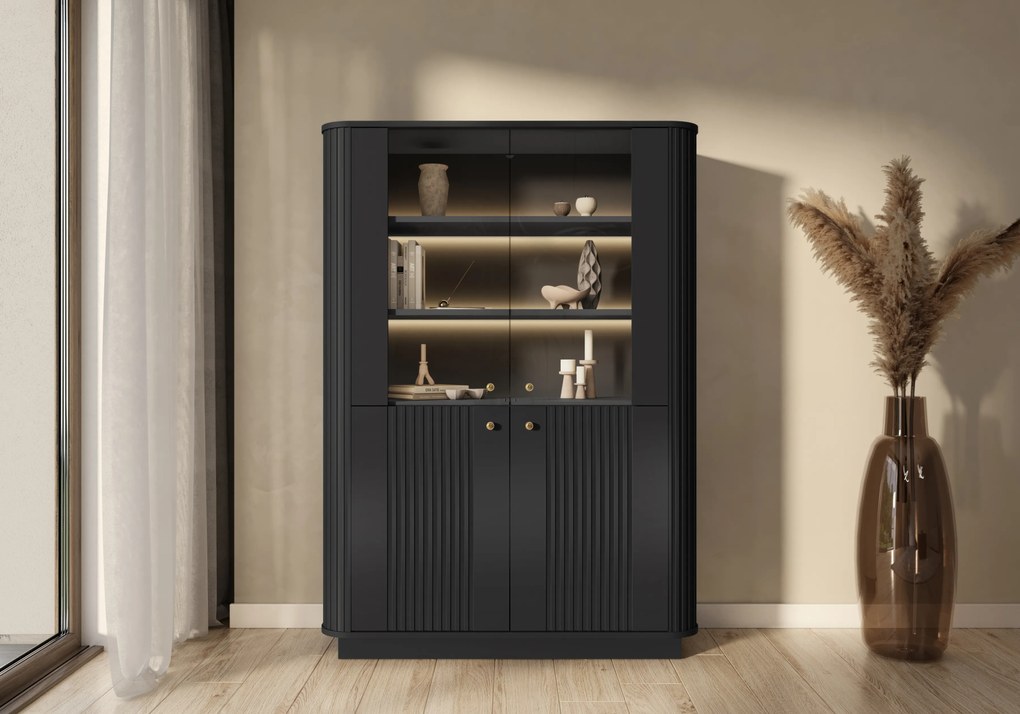Vitrină cu patru uși pe soclu Vesper 103 cm - negru / mânere aurii