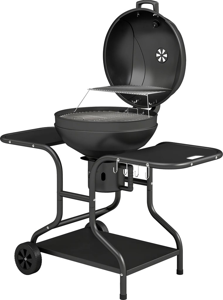 Outsunny Grătar pe cărbuni BBQ Smoker cu mese laterale, termometru în capac, roți 129 x 63,5 x 106,5 cm | Aosom Romania